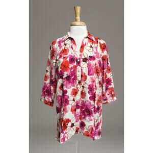 Jone New York Womens M 100% Linen Button Up Shirt Tunic Top Festive Floral Coast